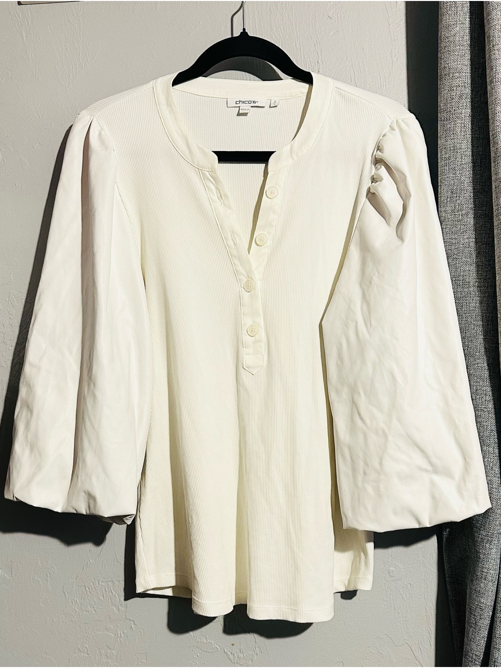 Chico's Cream Mixed Media Faux Leather Puff Sleeved Henley Top,   Large/2